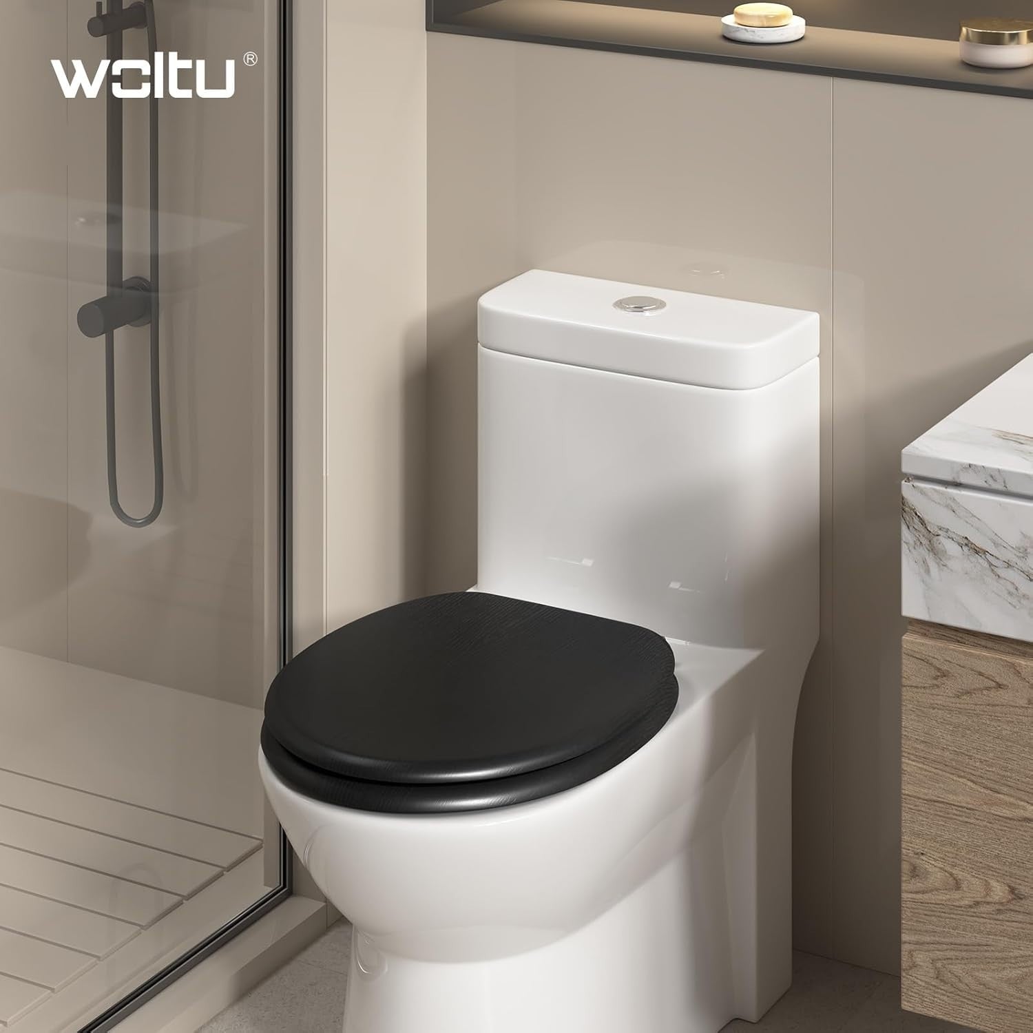 Wooden Toilet Seat Soft Close Black MDF Heavy Duty Standard WC 43.8x37.8cm