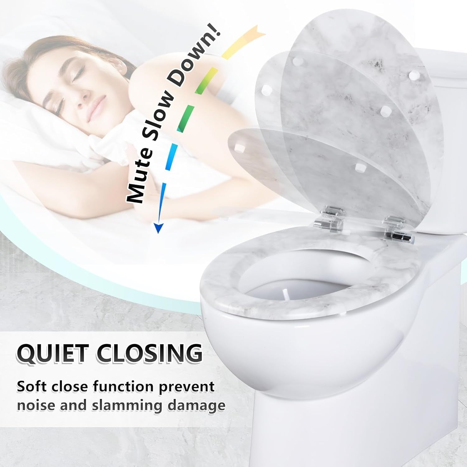 Wooden Toilet Seat Gray Marble | Quick Release Adjustable Hinges 45x37cm Oval