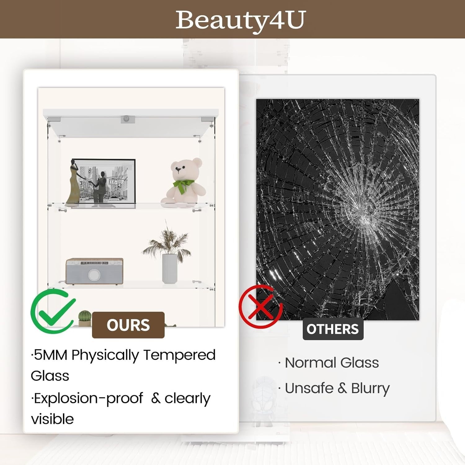 Glass Display Cabinet 49” Double Door Storage with Wood Floor Shelf