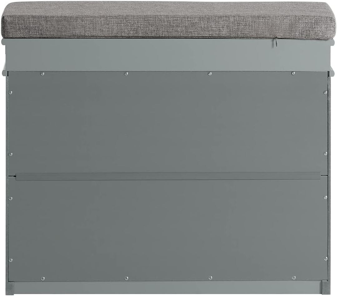 Narrow Shoe Storage Bench with Flip Drawer & Grey Cushion, 61x24x51 cm