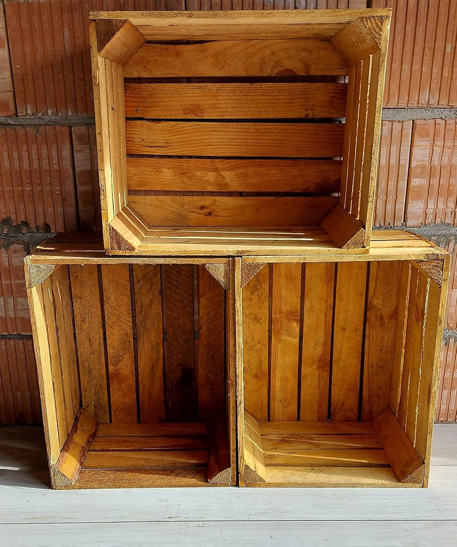 Wooden Storage Crates 50x40x30cm – Rustic Medium Fruit Boxes Set of 3