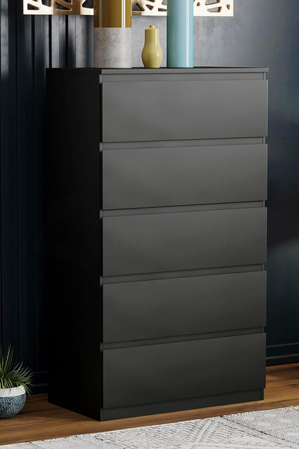 Black 5 Drawer Chest Modern Tallboy Storage Unit for Bedroom Living Room