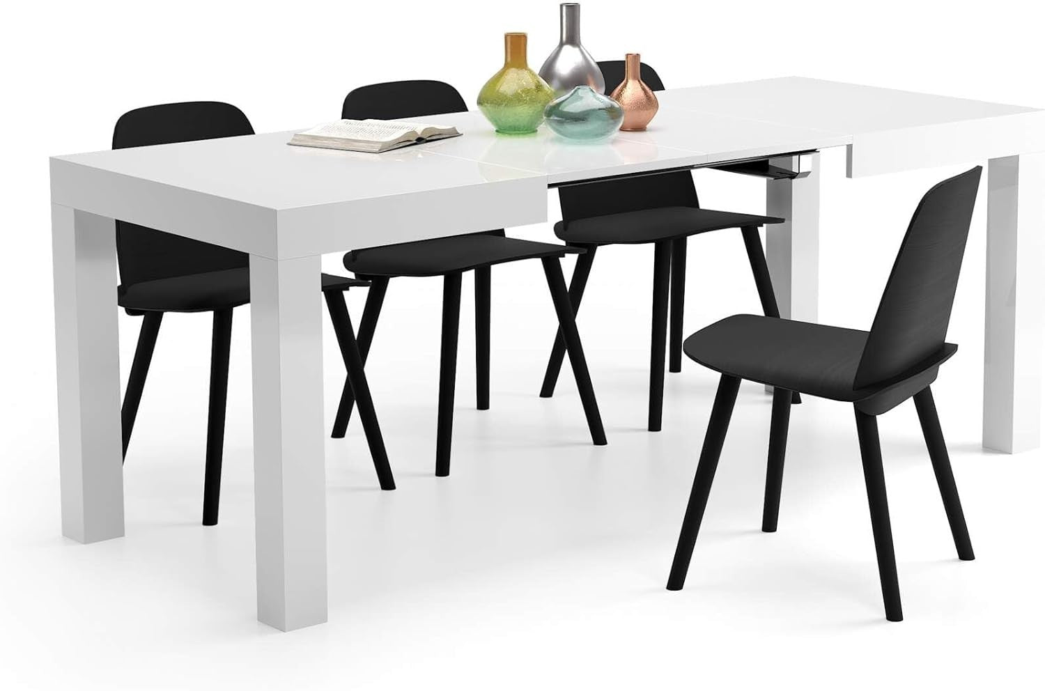 Extendable Glassy White Dining Table 8 Seater Wood Modern SpaceSaving 120-200cm