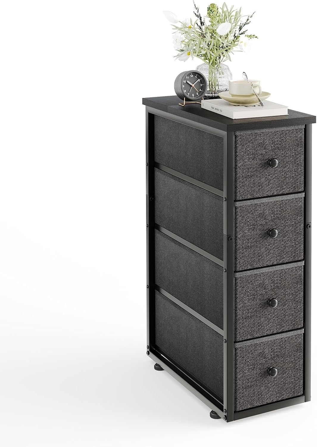 Slim Tall 5 Drawer Storage Cabinet Bedroom Narrow Unit with Wood Top Black