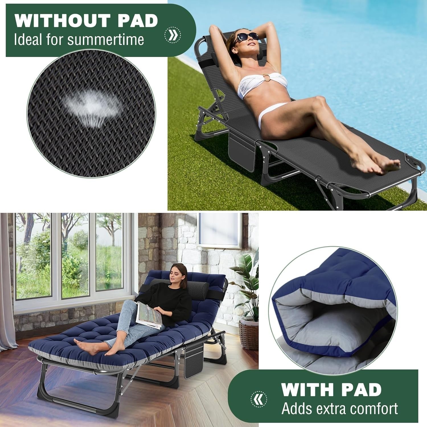 Adjustable Folding Sun Lounger with Cushion & Headrest, Portable Camping Bed