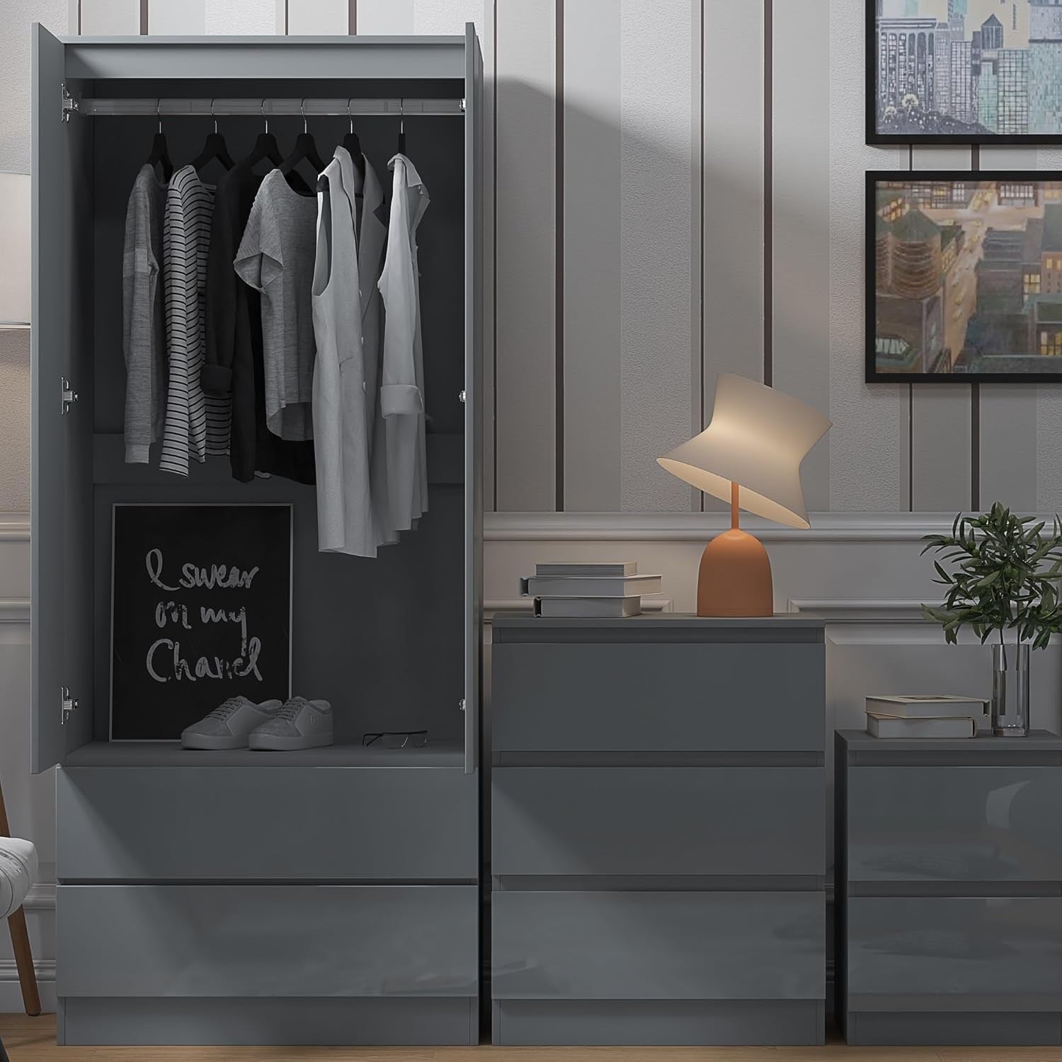 Large 2 Door Wardrobe with 2 Drawers | Scratch-Resistant Grey Matte Finish