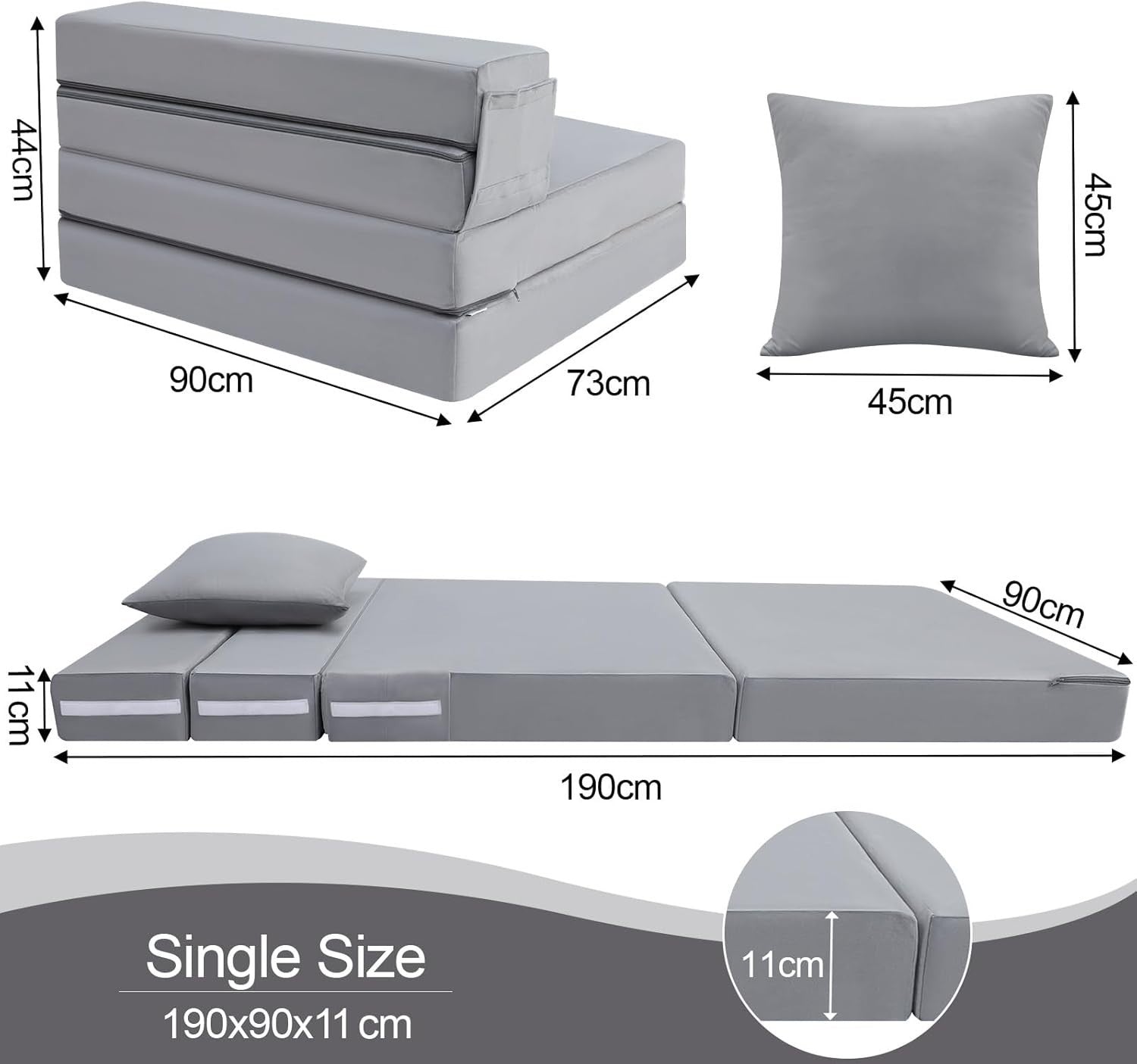 Folding Sofa Bed Mattress Chair Z Bed Futon Single Guest Lounger Grey