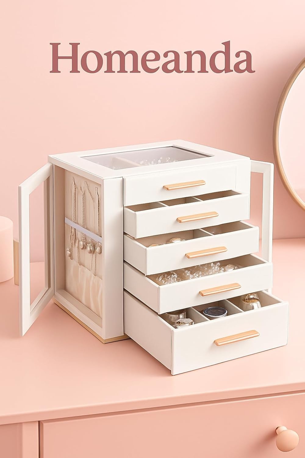 White PU Leather Jewellery Organizer Box 5 Layer Drawer Storage Case