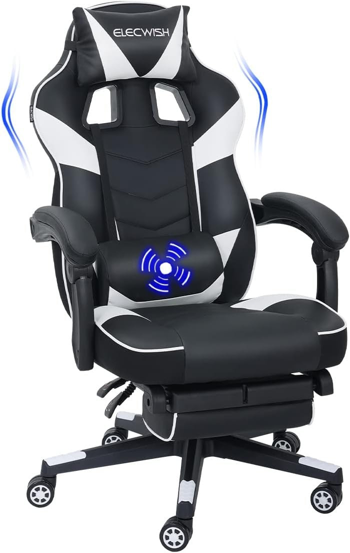 Gaming Chair with Massage & Footrest Reclining Ergonomic White