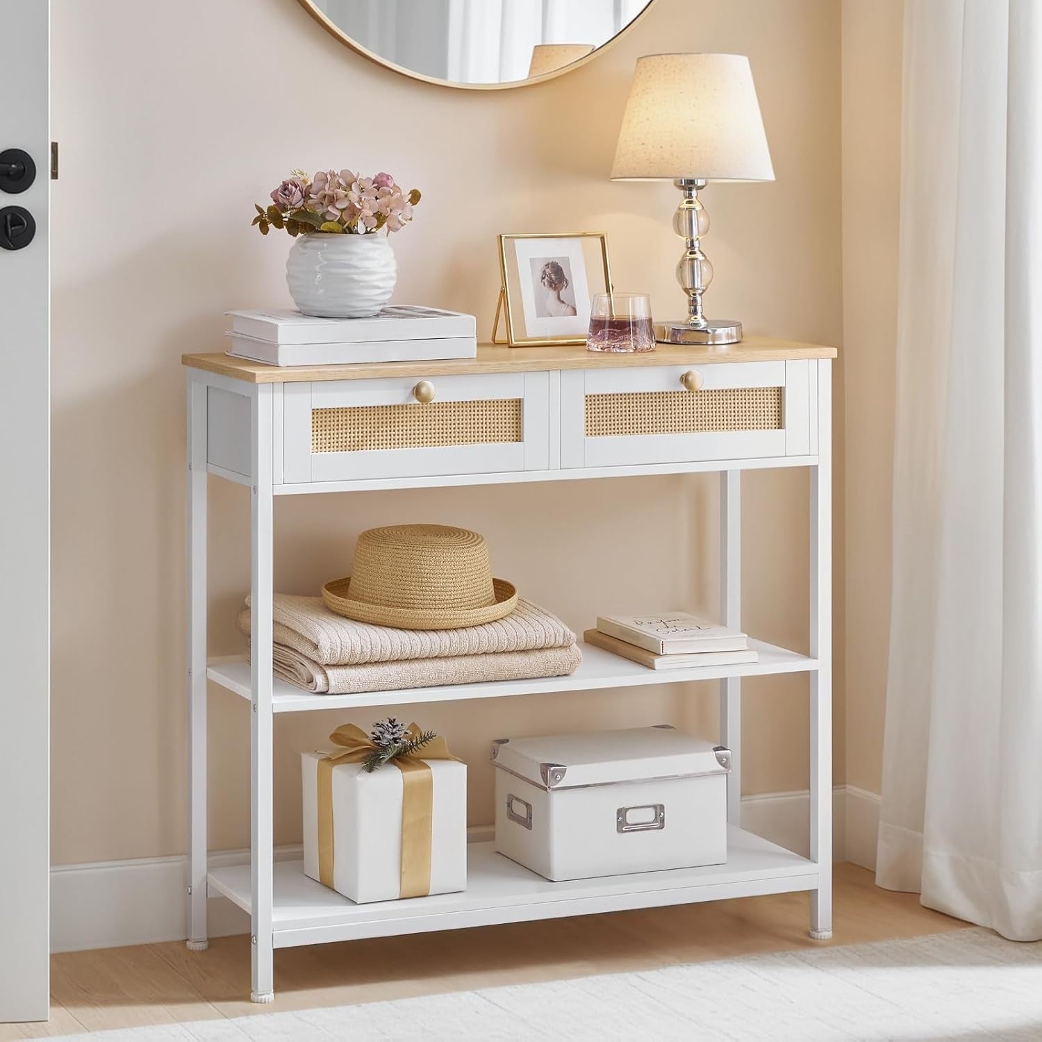 White Rattan Console Table with Drawers & Shelves, Slim 80cm Hallway Unit