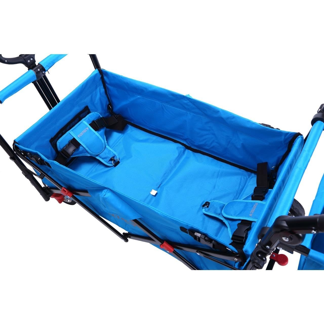 Blue Folding Kids Wagon Canopy Push Pull Outdoor Cart w/ Brakes & Rubber Wheels