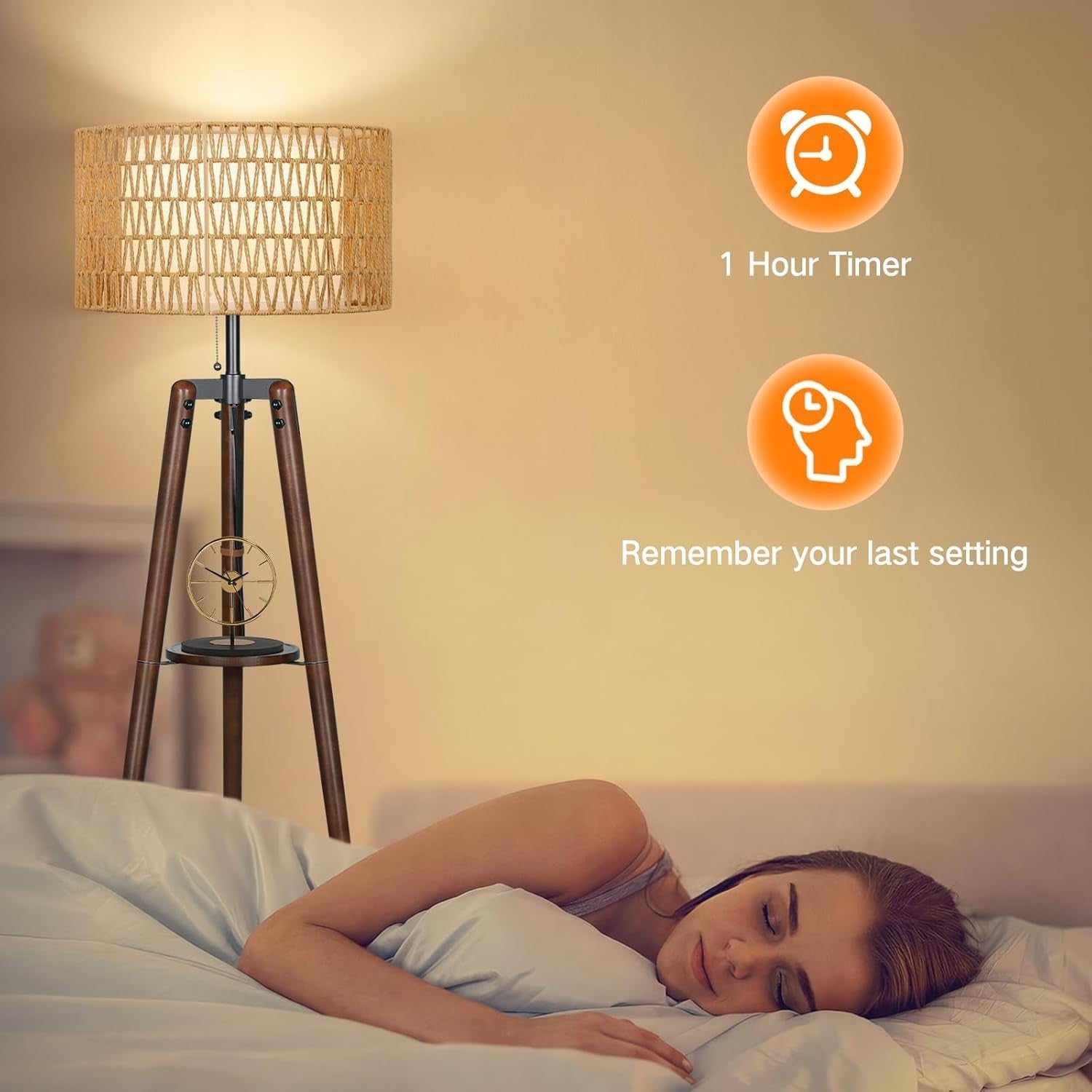 Dimmable Rattan Floor Lamp with Remote, Adjustable Warmth & Shelves 46x46x160cm