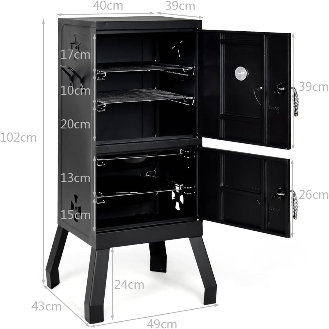 Vertical Charcoal BBQ Smoker with Thermometer, 2 Door Design, Adjustable Vents