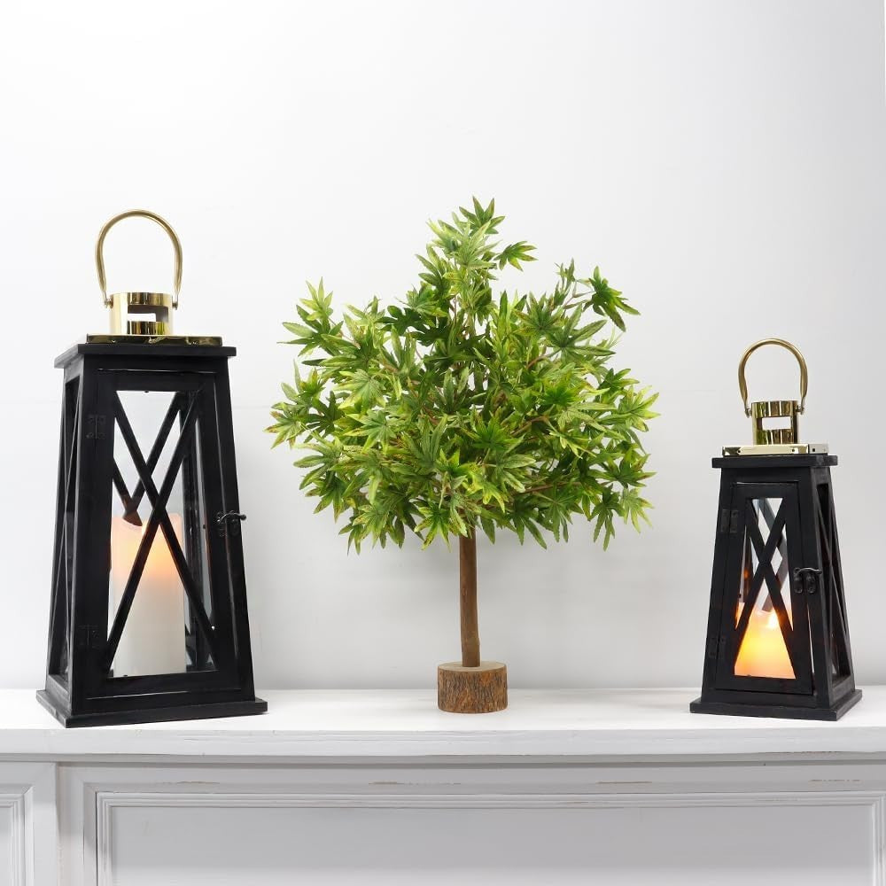Set of 2 Farmhouse Wooden Lanterns Black Rustic Candle Holders 55cm