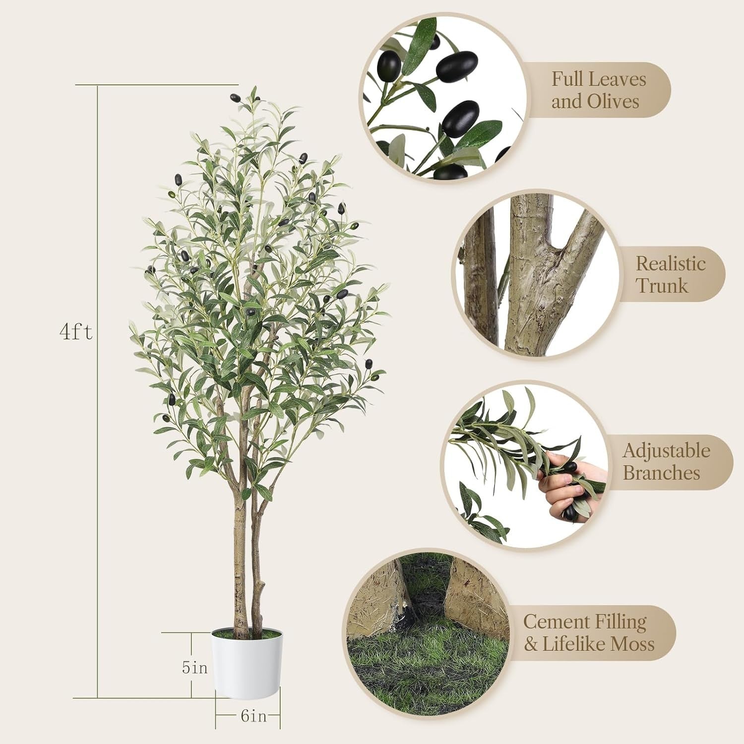 4FT Faux Olive Tree with White Pot Natural Wood Trunk Indoor Floor Home Decor