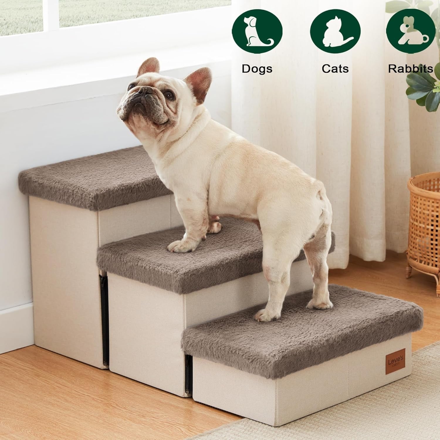 Dog Stairs 3 Step 18" High with Storage Furry Lid Pet Steps Brown