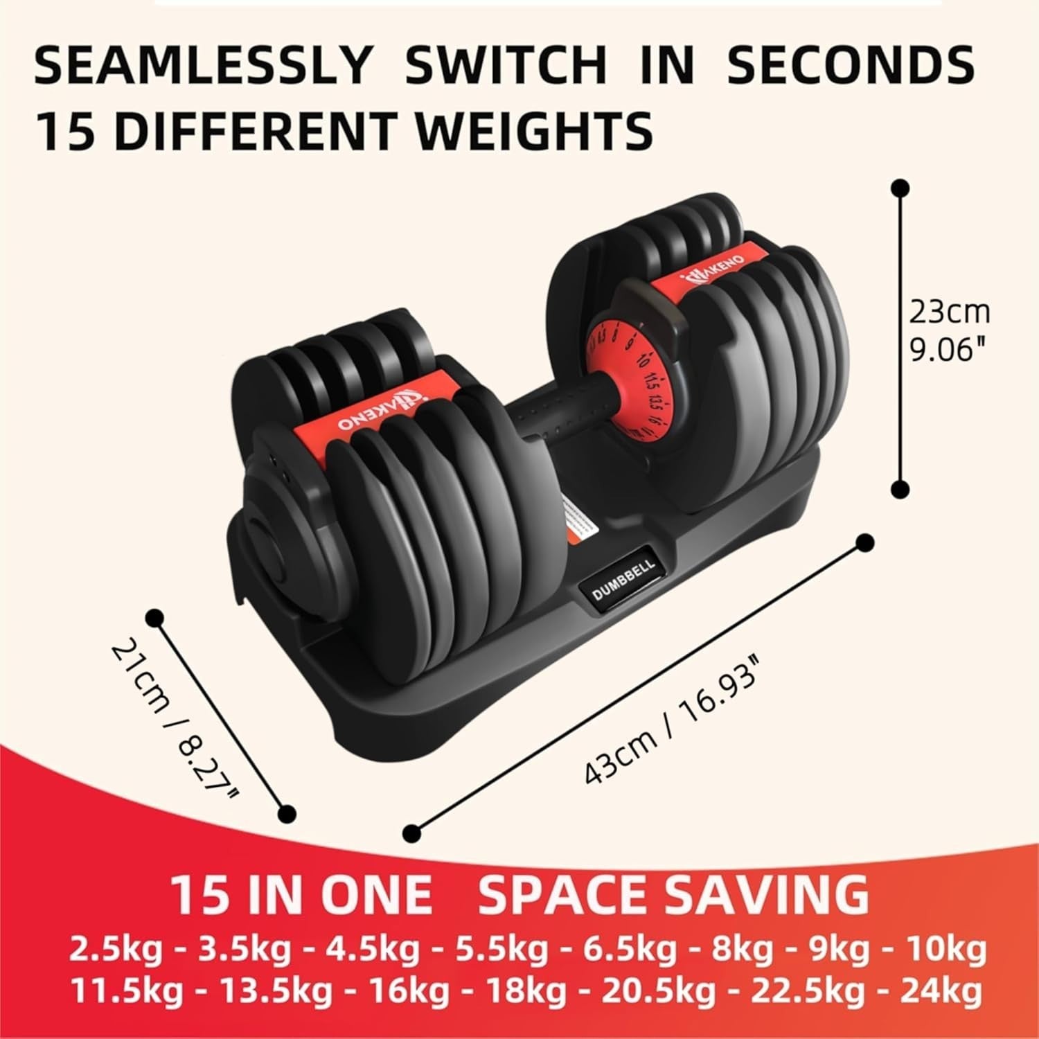 2x24KG Adjustable Dumbbells Pair 15-in-1 Fast Twist Home Gym Weights