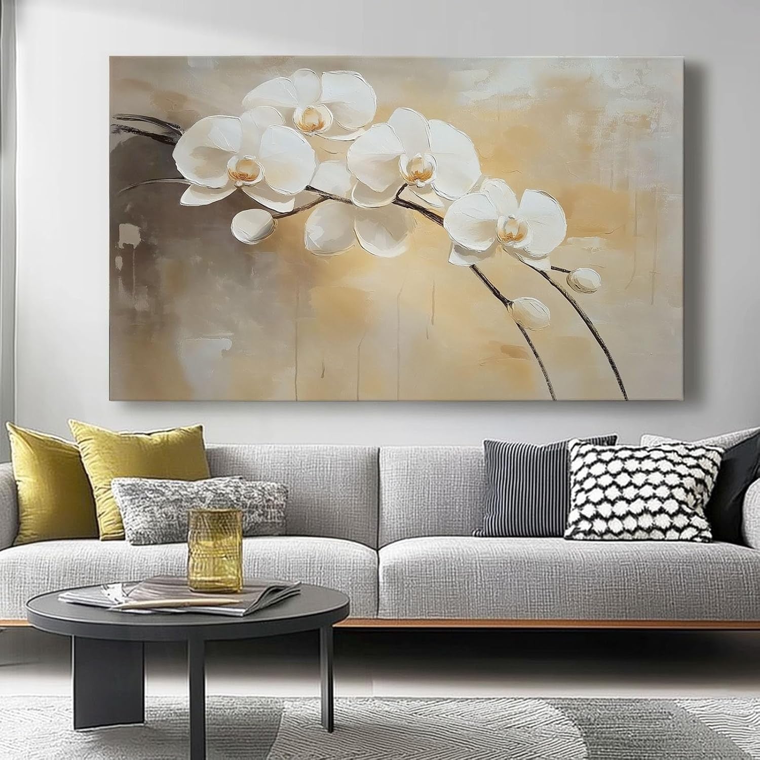 Large Orchid Canvas Wall Art 76x51cm Modern Beige Floral Decor