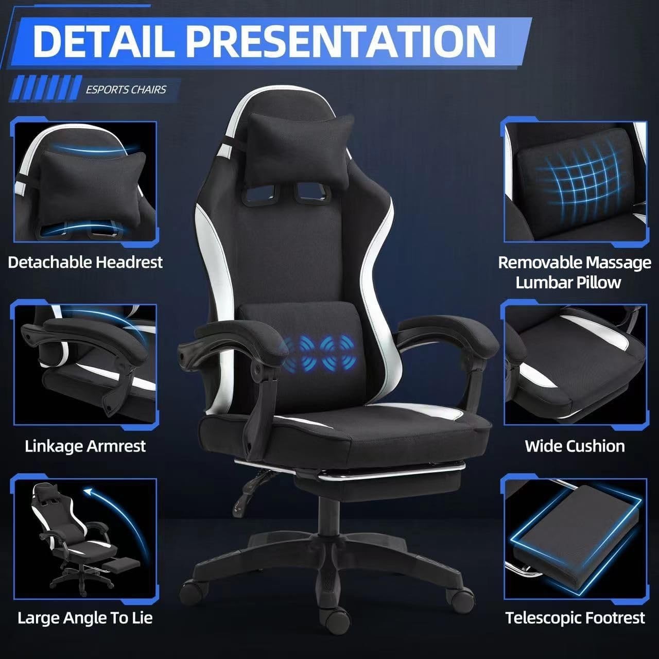 Ergonomic Black Gaming Chair Massage Lumbar Support Adjustable Reclining Footres