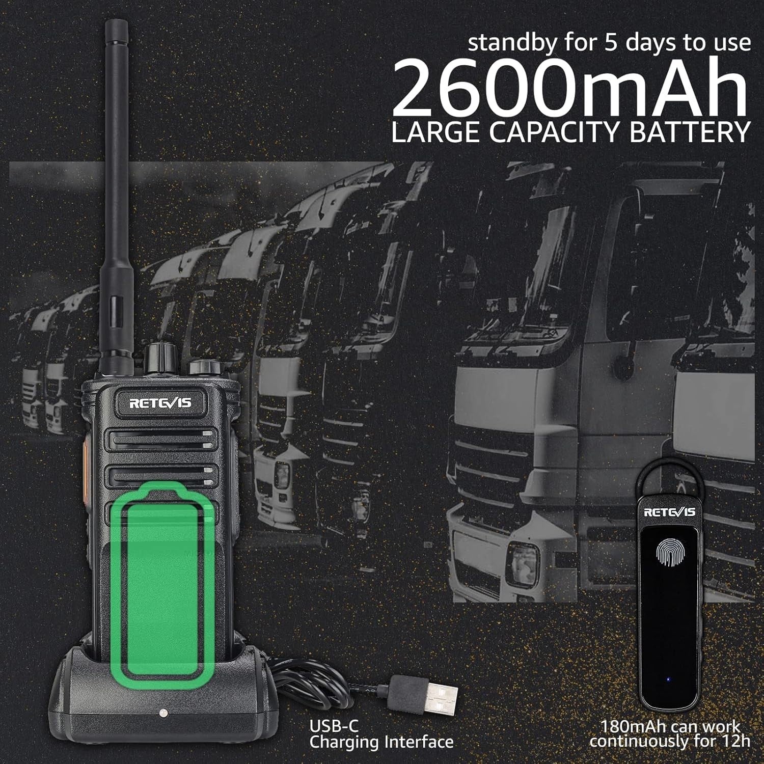 Long Range Walkie Talkies 2 Pack Wireless Headset VOX 2600mAh Radio