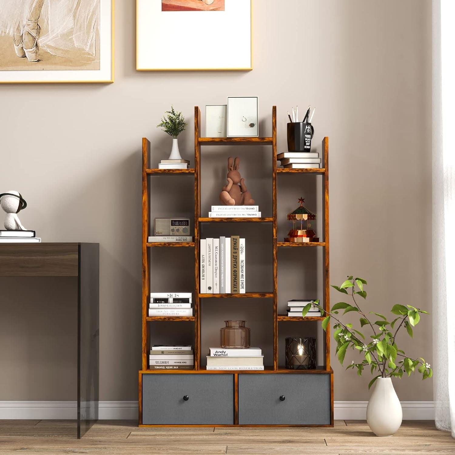 Rustic Brown Tree-Shaped Tall Bookcase 12 Cube Storage Shelf with 2 Drawers