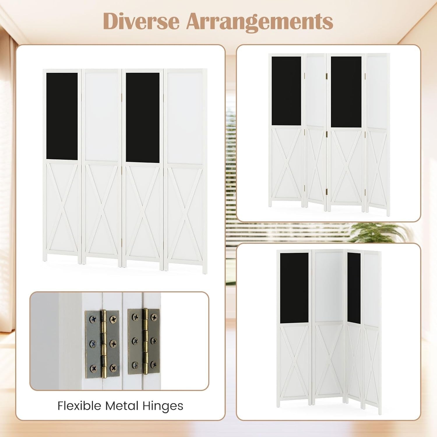 4 Panel White Folding Room Divider with Blackboard & Whiteboard 160x170cm