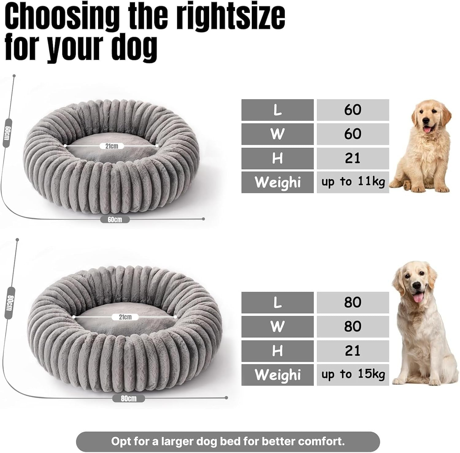 60cm Calming Donut Dog Bed Washable Plush Anti Slip Grey