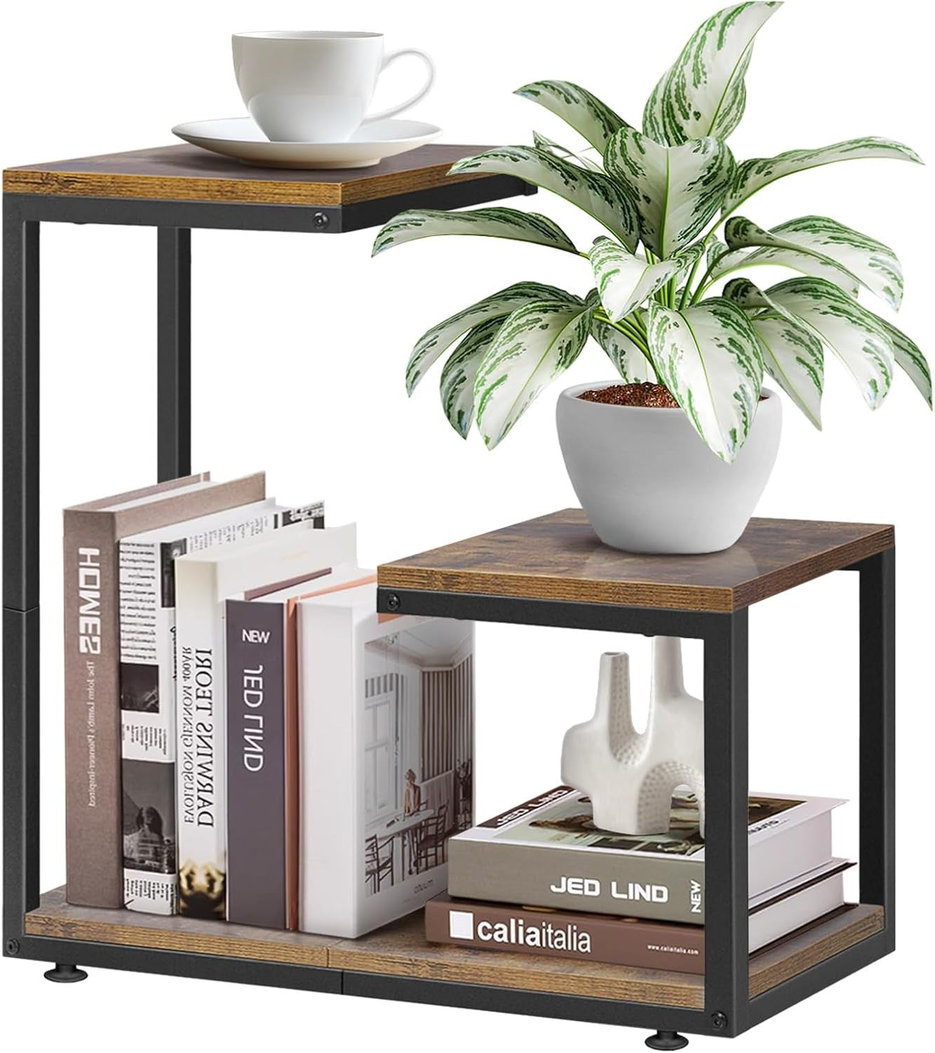 G-Shaped 3-Tier Side Table with Storage Metal Frame Rustic Brown Small Space