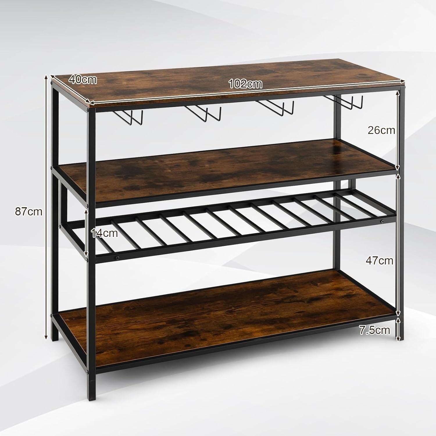 4-Tier Wine Rack Bar Table with Glass Holder, Rustic Shelving Unit 102x40x87cm