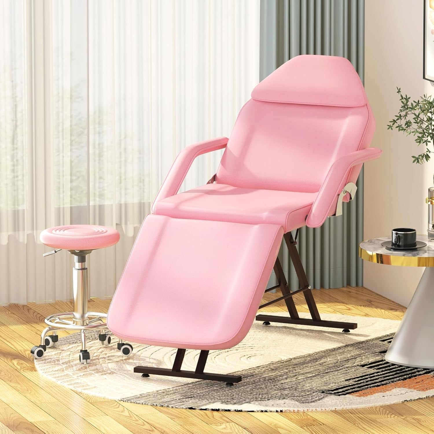 Adjustable 3-Section Massage Bed w/ Armrests & Hydraulic Stool Pink Heavy-Duty