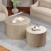 Round Nesting Coffee Table Set of 2 Modern Wood Side End Tables Living Room Beig