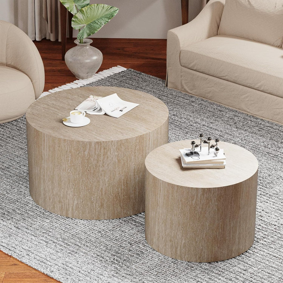 Round Nesting Coffee Table Set of 2 Modern Wood Side End Tables Living Room Beig