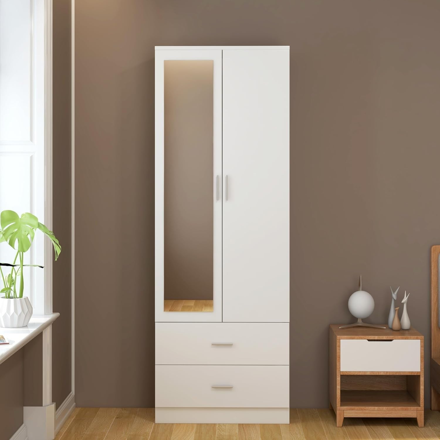 Mirrored 2 Door Wardrobe with Hanging Rail & Drawers - Sturdy, Modern Storage