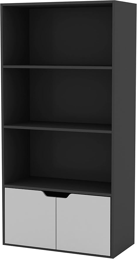 Modern 4-Tier Wide Bookcase with Cupboard Storage – Black & White Shelf Unit