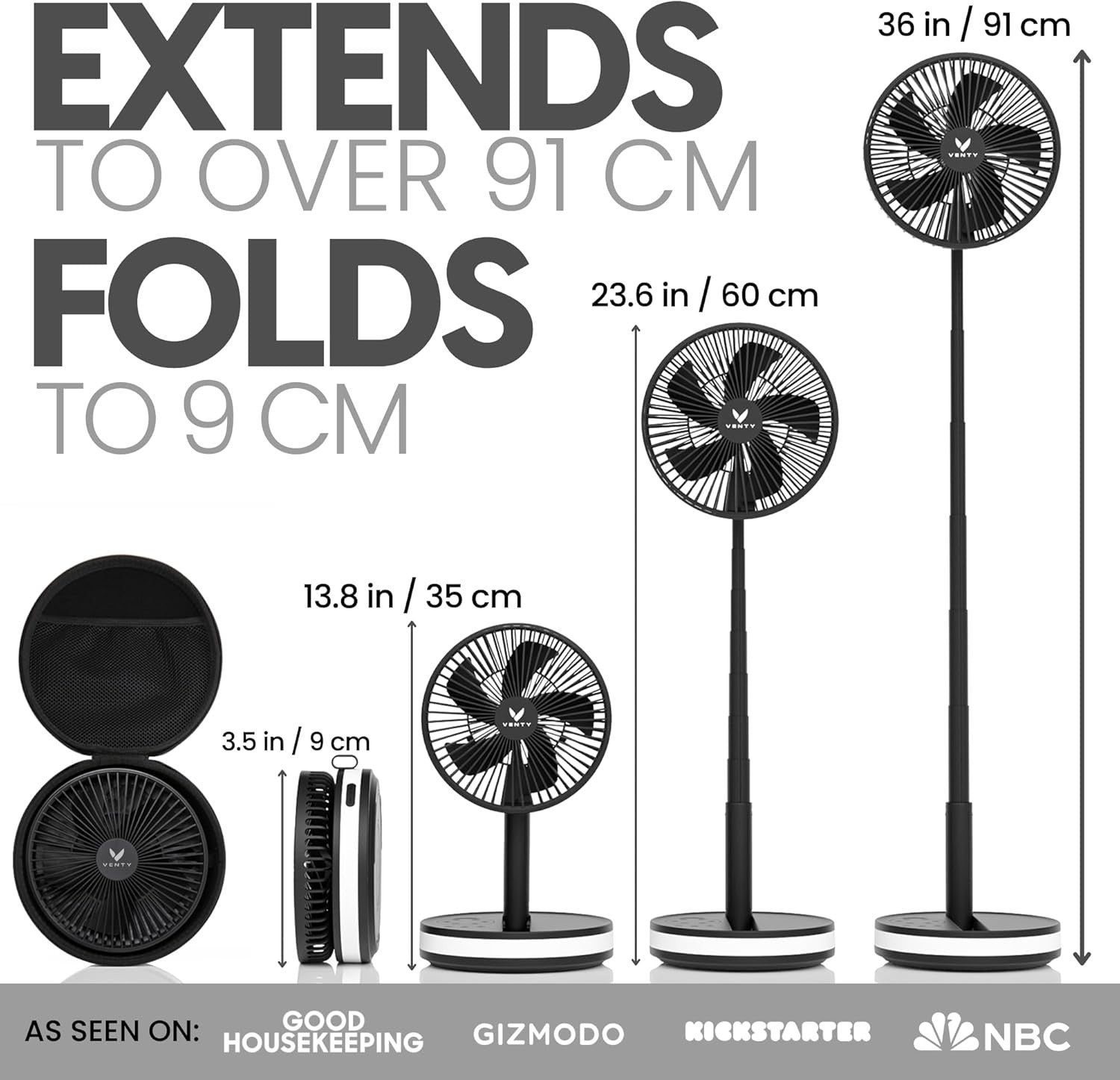 Portable Foldable Fan 4-Speed w Remote LED Light USB-C Rechargeable Black w Case