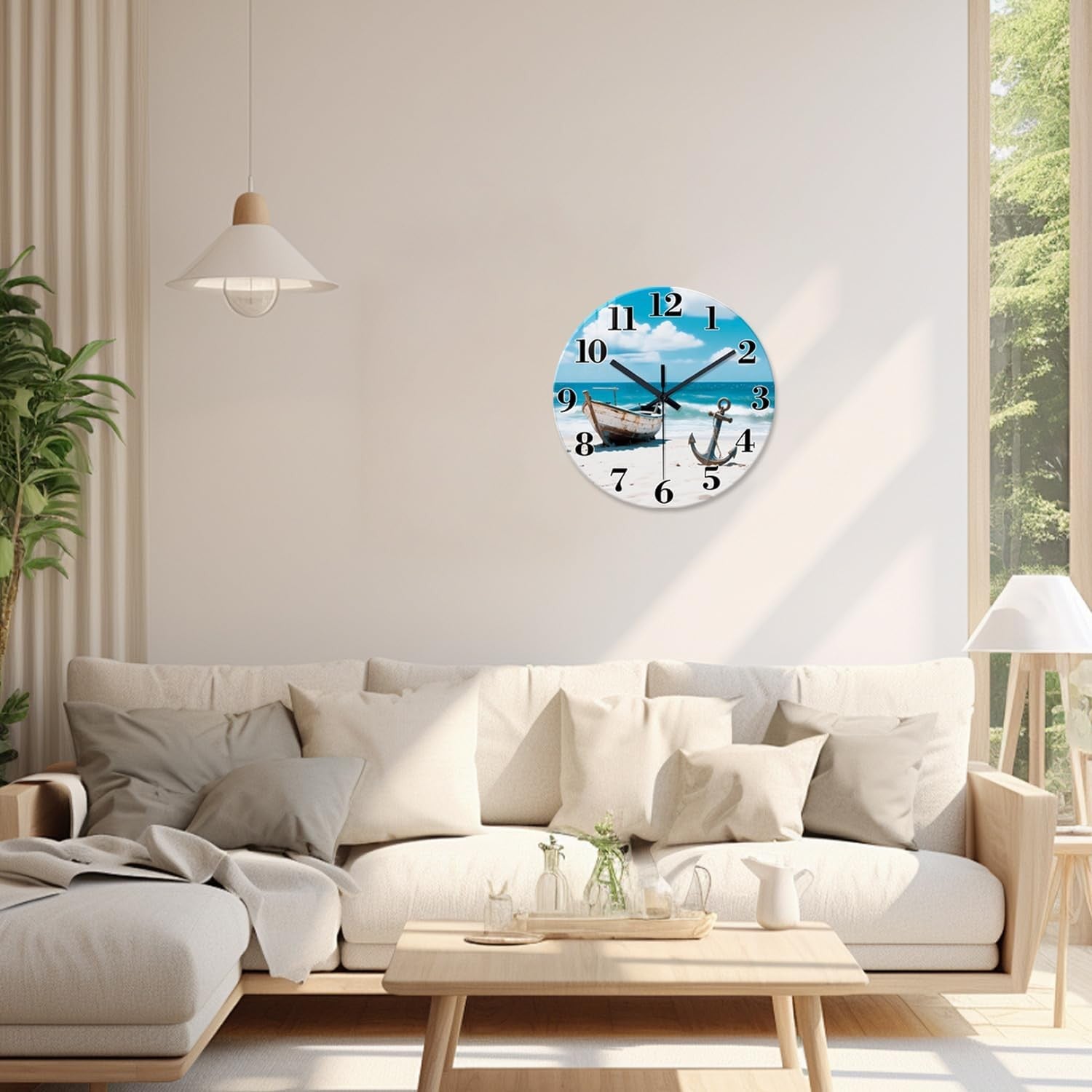 16" Coastal Ocean Wall Clock Silent Non-Ticking Blue Beach Boat Decor