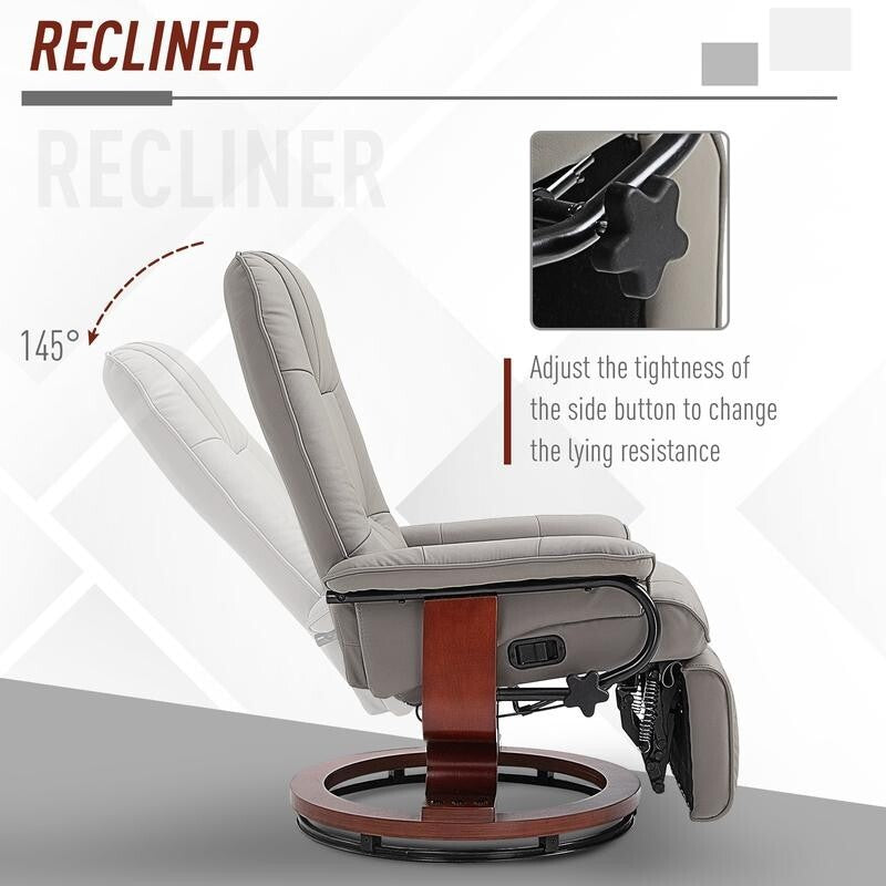 Manual Recliner Armchair Chair Faux Leather Wood Base Swivel Lounge Grey
