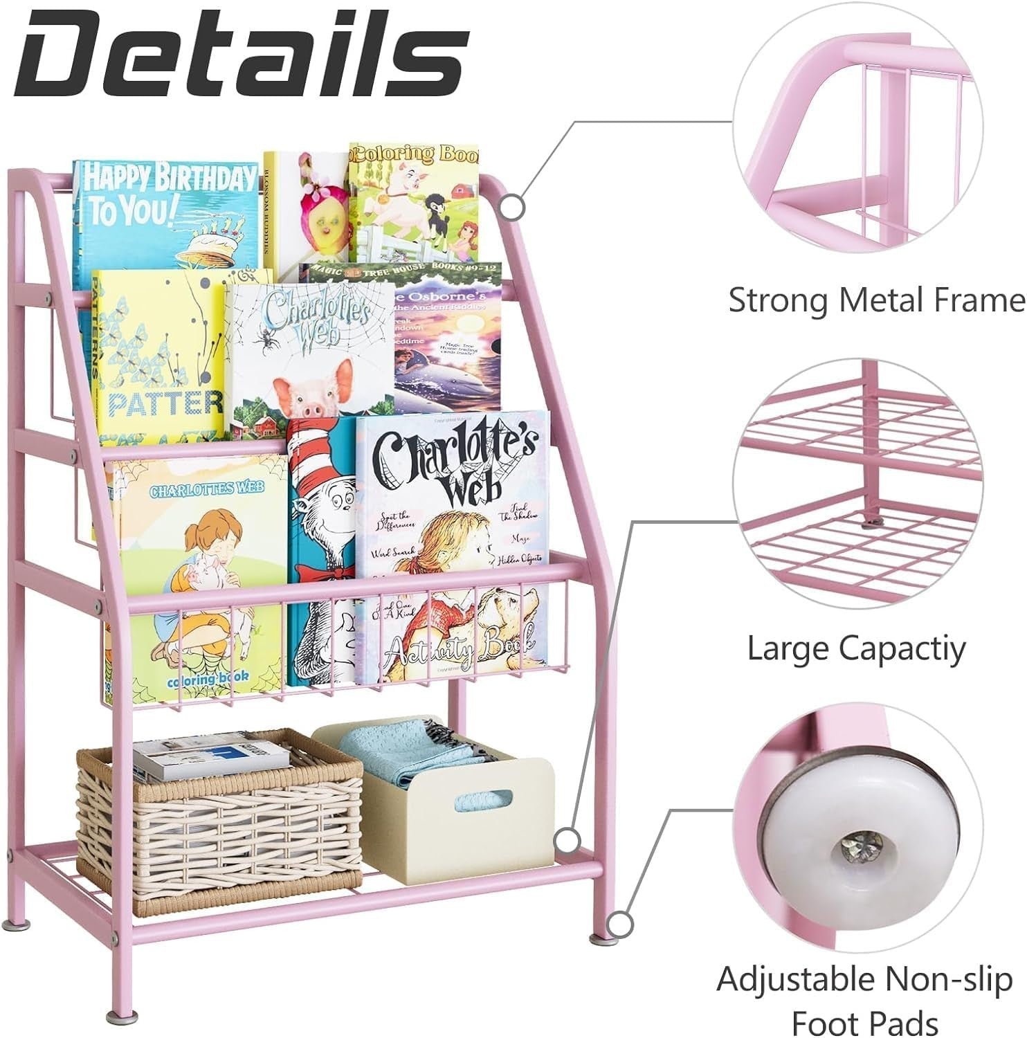 Kids Leaning Bookshelf & Toy Organizer Rack – Durable Metal, Space Saving, Pink