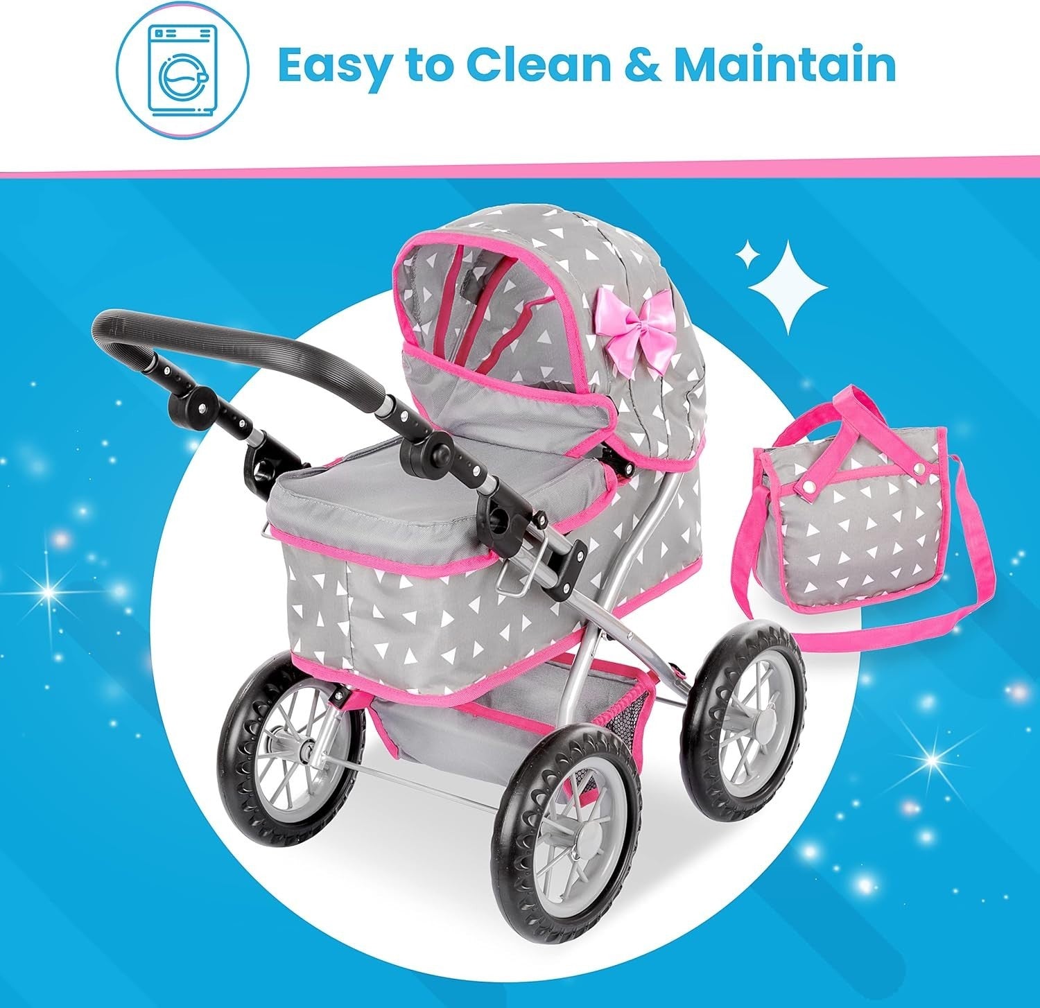 Dolls Pram Toy Pushchair Buggy Adjustable Handle 33-63cm Kids