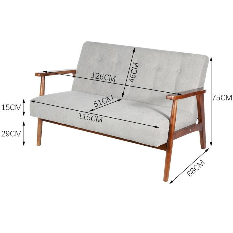 Grey Tufted 2 Seater Sofa Linen Upholstery Walnut Wood Frame Living Room