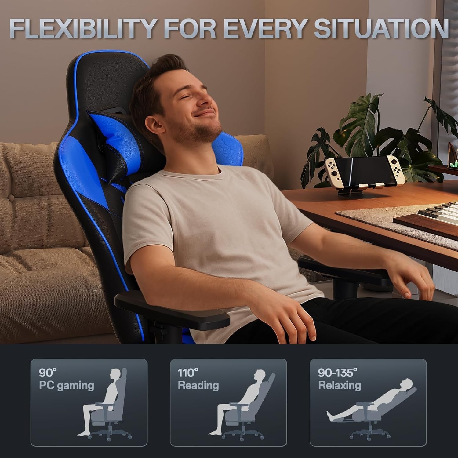 Ergonomic Gaming Chair w/ Footrest 2D Armrests PU Leather Blue