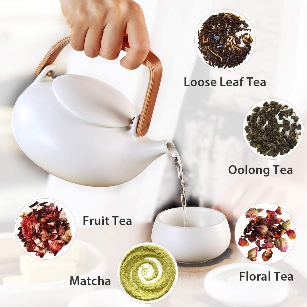 Japanese Ceramic Teapot with Infuser 800ml Loose Leaf Tea Pot Wood Handle