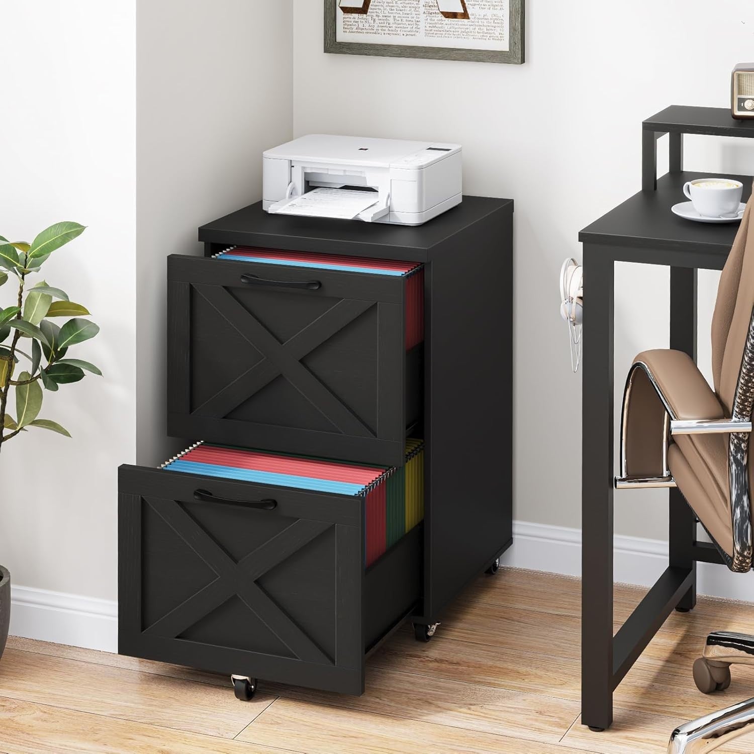 Black Farmhouse Rolling File Cabinet 2 Drawer A4 Letter Under Desk