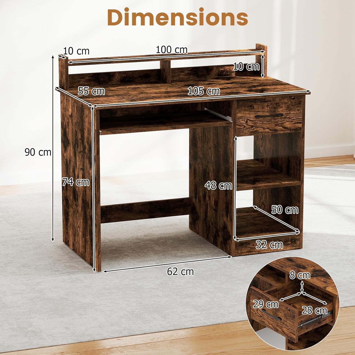 Rustic Brown Computer Desk with Storage Shelves Drawer Keyboard Tray