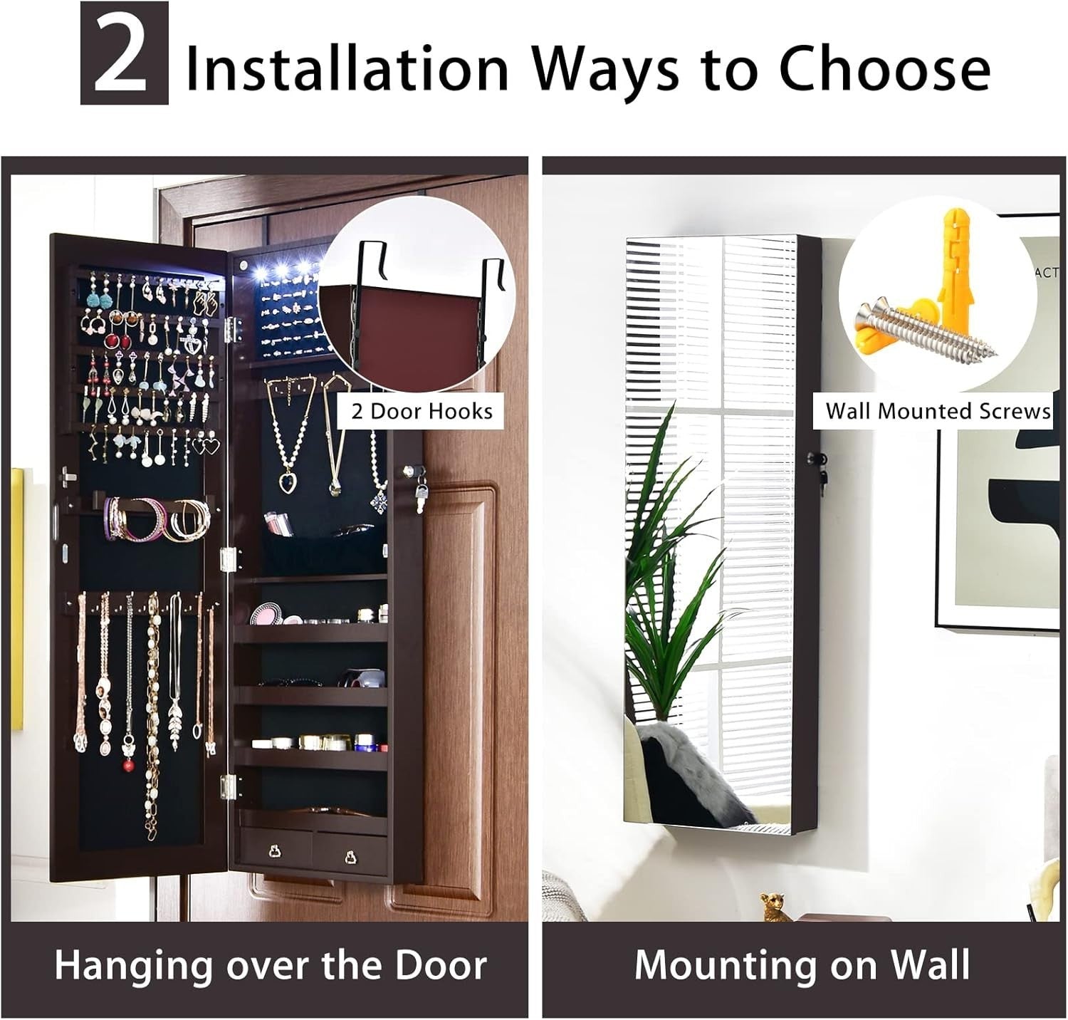 Brown LED Jewelry Armoire Wall Door Mounted Lockable Full Length Mirror