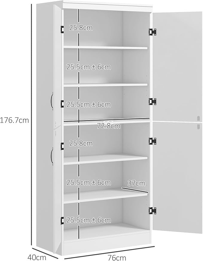Tall White Kitchen Storage Cabinet with 4 Doors & Adjustable Shelves 176x40x60cm