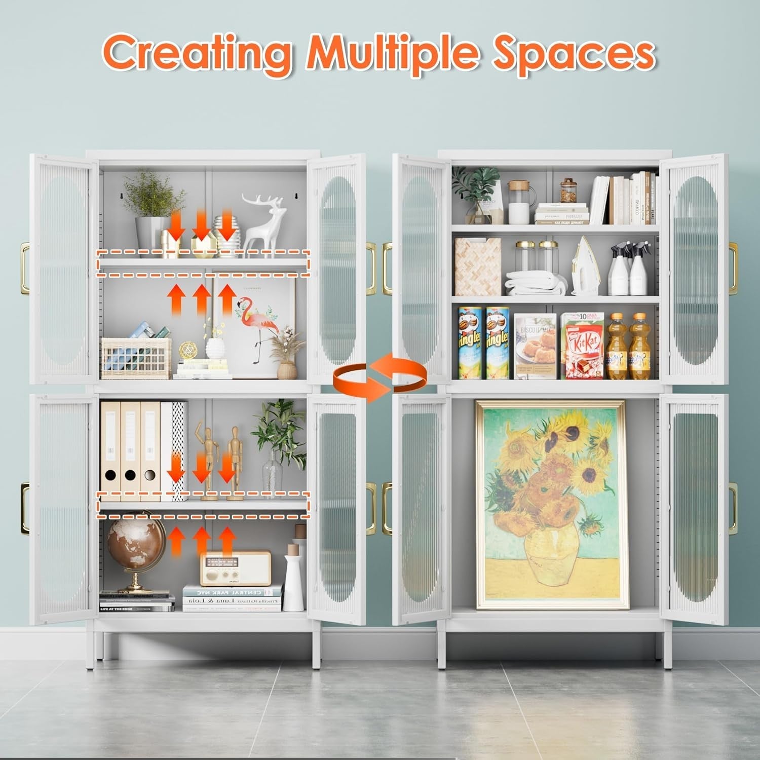 Heavy Duty White Metal Storage Cabinet with Glass Doors & Adjustable Shelves