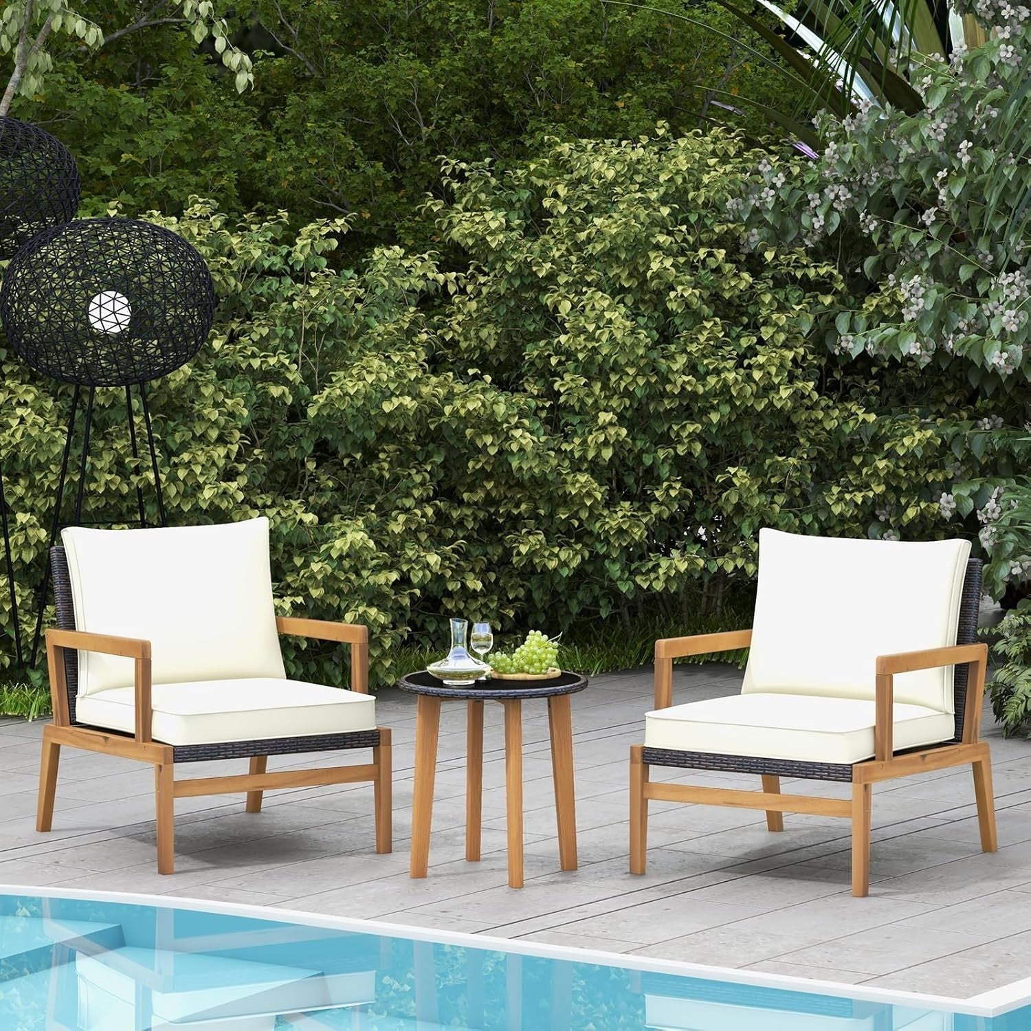 Luxury Acacia Garden Armchair Set with Cushions & Glass Table Patio Balcony