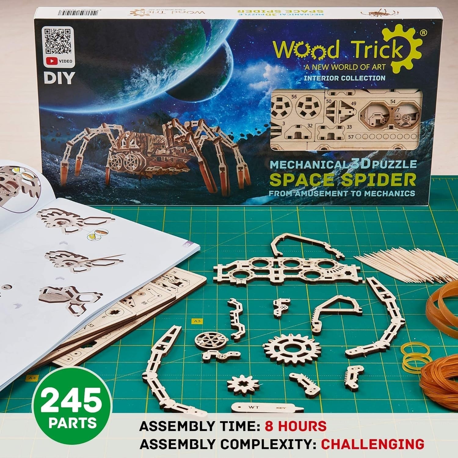 Mechanical Spider 3D Wooden Puzzle Kit 245PCS Rubber Band Powered DIY