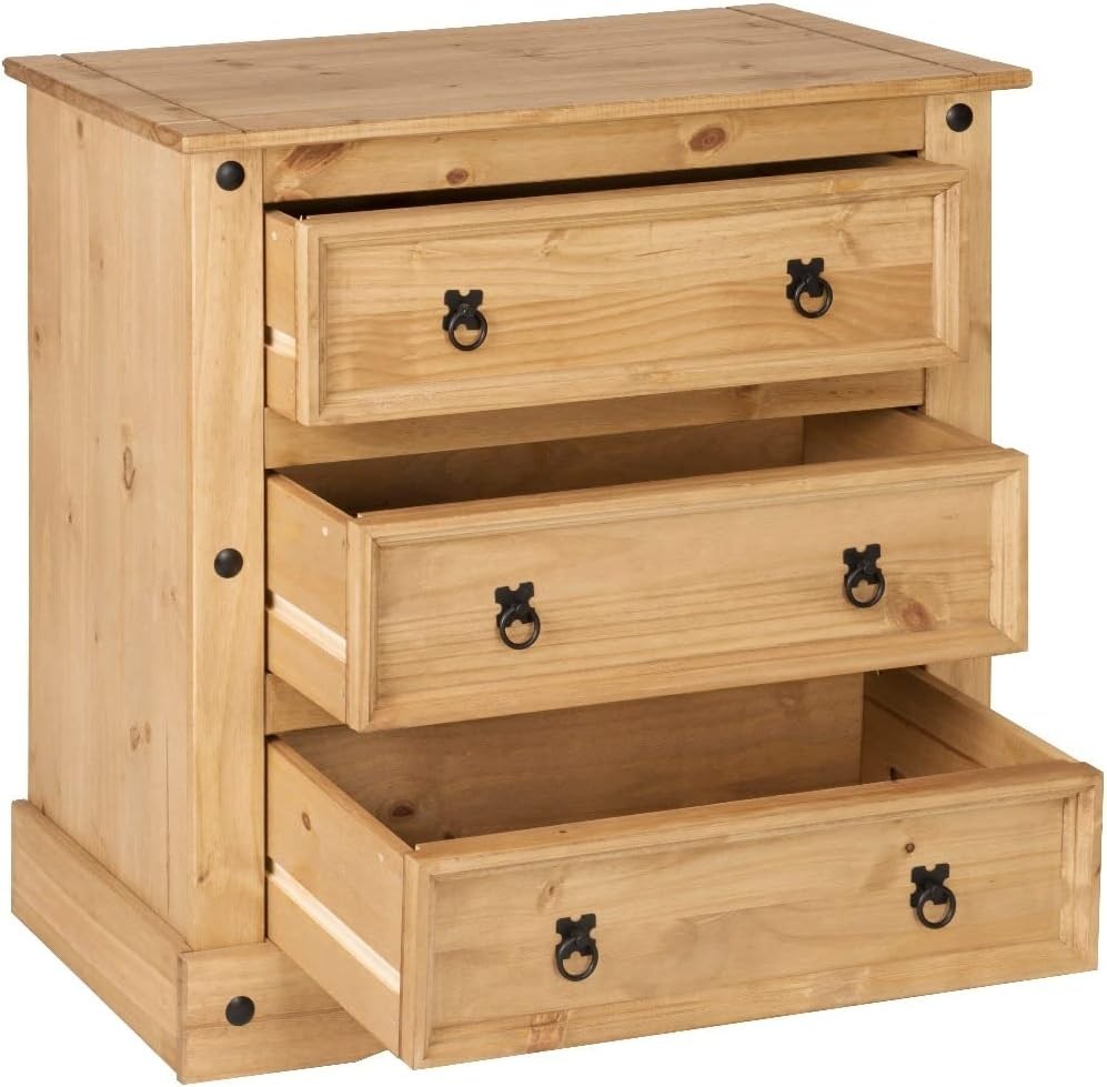 Solid Pine 3 Drawer Chest Wax Finish Rustic Wood Cabinet for Bedroom Hallway